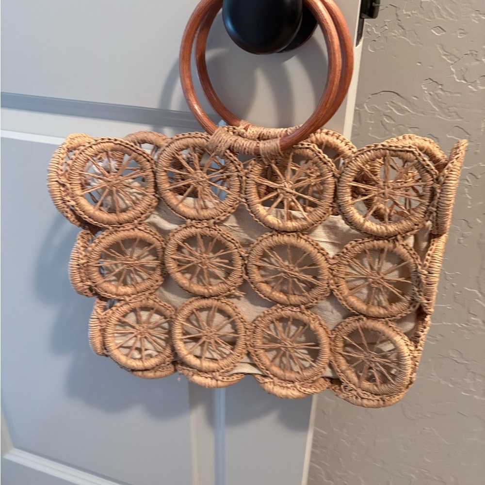 Handcrafted Tan Woven Bag with Wooden Handles